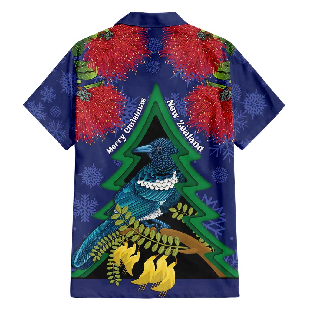 New Zealand Christmas In July Hawaiian Shirt Kowhai Tui Bird With Pohutukawa - Blue