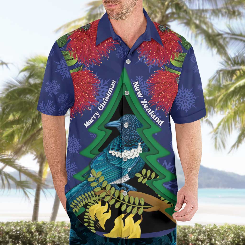 New Zealand Christmas In July Hawaiian Shirt Kowhai Tui Bird With Pohutukawa - Blue