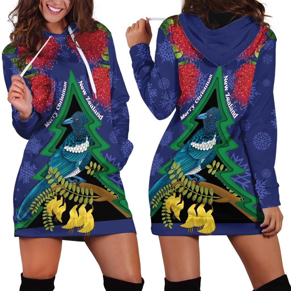 New Zealand Christmas In July Hoodie Dress Kowhai Tui Bird With Pohutukawa - Blue