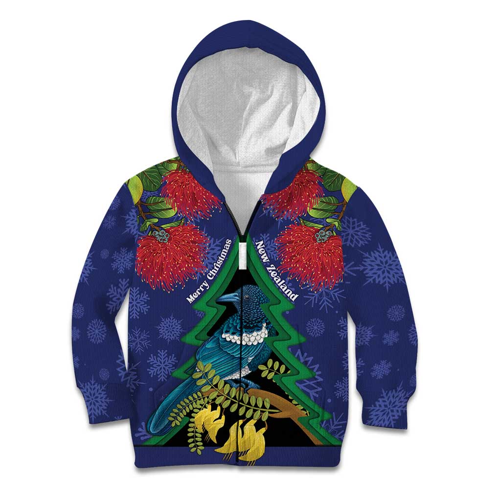 New Zealand Christmas In July Kid Hoodie Kowhai Tui Bird With Pohutukawa - Blue