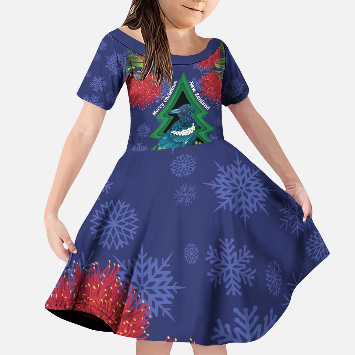 New Zealand Christmas In July Kid Short Sleeve Dress Kowhai Tui Bird With Pohutukawa - Blue