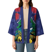 New Zealand Christmas In July Kimono Kowhai Tui Bird With Pohutukawa - Blue - Polynesian Pride