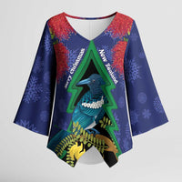 New Zealand Christmas In July Kimono Sleeve Blouse Kowhai Tui Bird With Pohutukawa - Blue - Polynesian Pride