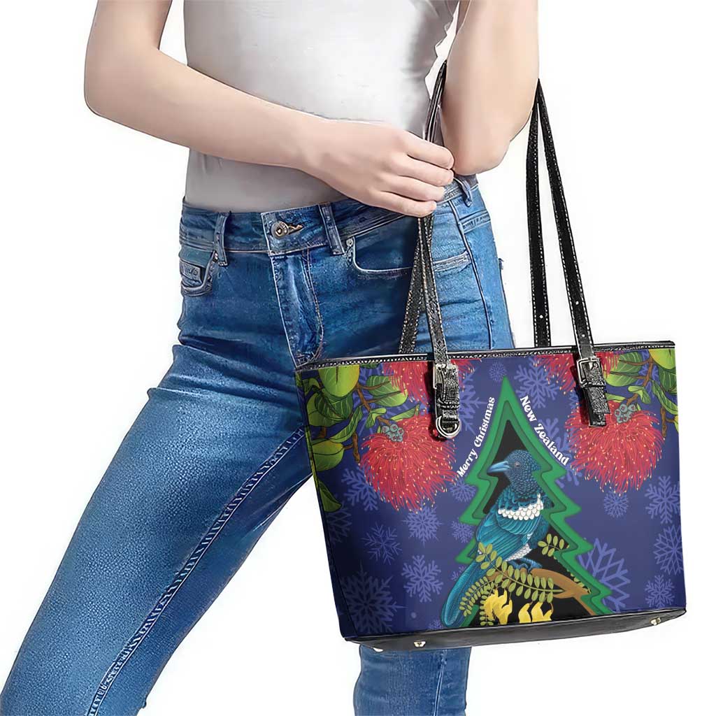 New Zealand Christmas In July Leather Tote Bag Kowhai Tui Bird With Pohutukawa - Blue