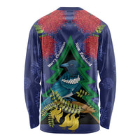 New Zealand Christmas In July Long Sleeve Shirt Kowhai Tui Bird With Pohutukawa - Blue