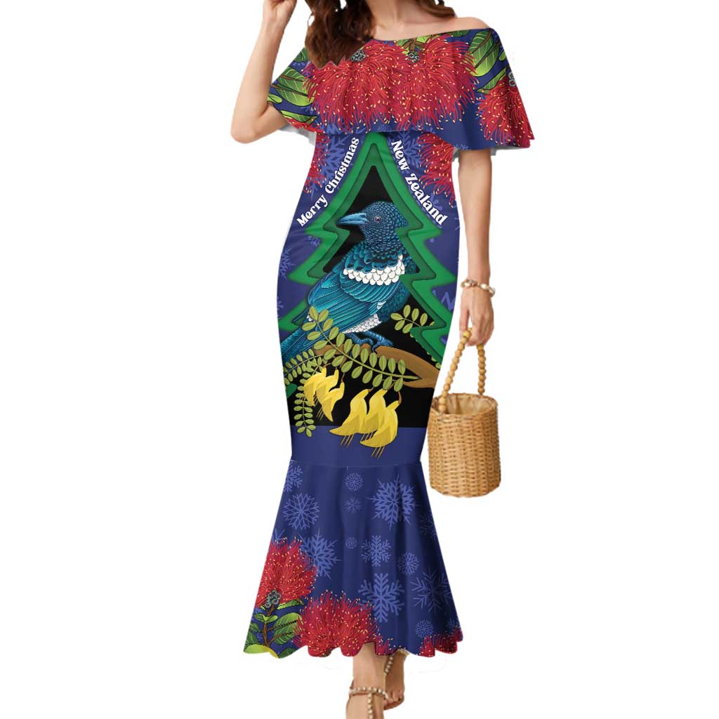 New Zealand Christmas In July Mermaid Dress Kowhai Tui Bird With Pohutukawa - Blue