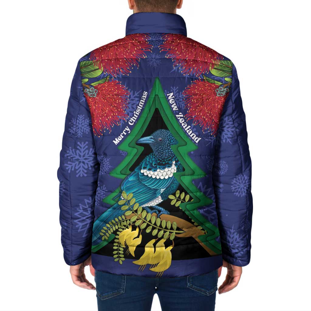 New Zealand Christmas In July Padded Jacket Kowhai Tui Bird With Pohutukawa - Blue - Polynesian Pride