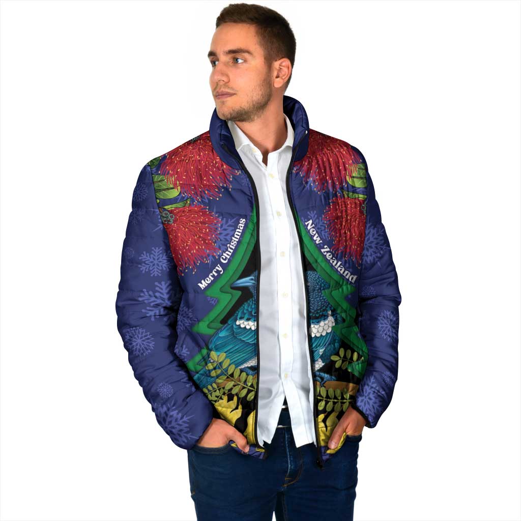 New Zealand Christmas In July Padded Jacket Kowhai Tui Bird With Pohutukawa - Blue - Polynesian Pride