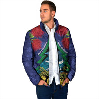 New Zealand Christmas In July Padded Jacket Kowhai Tui Bird With Pohutukawa - Blue - Polynesian Pride