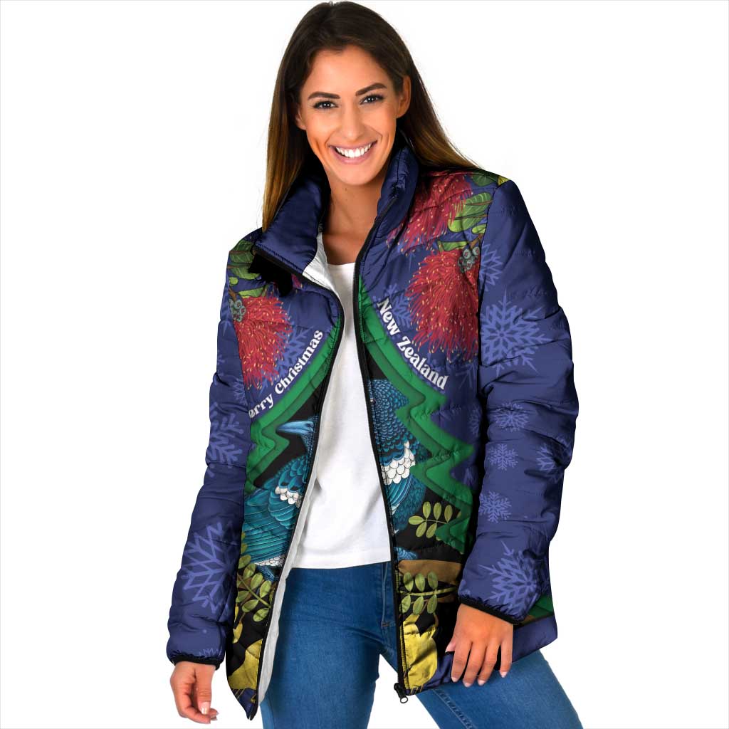 New Zealand Christmas In July Padded Jacket Kowhai Tui Bird With Pohutukawa - Blue - Polynesian Pride