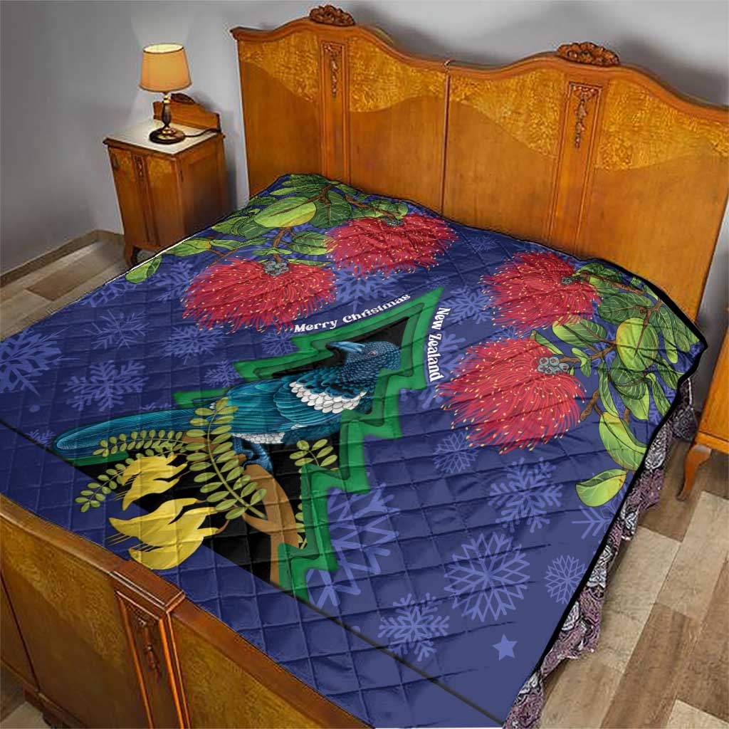New Zealand Christmas In July Quilt Kowhai Tui Bird With Pohutukawa - Blue