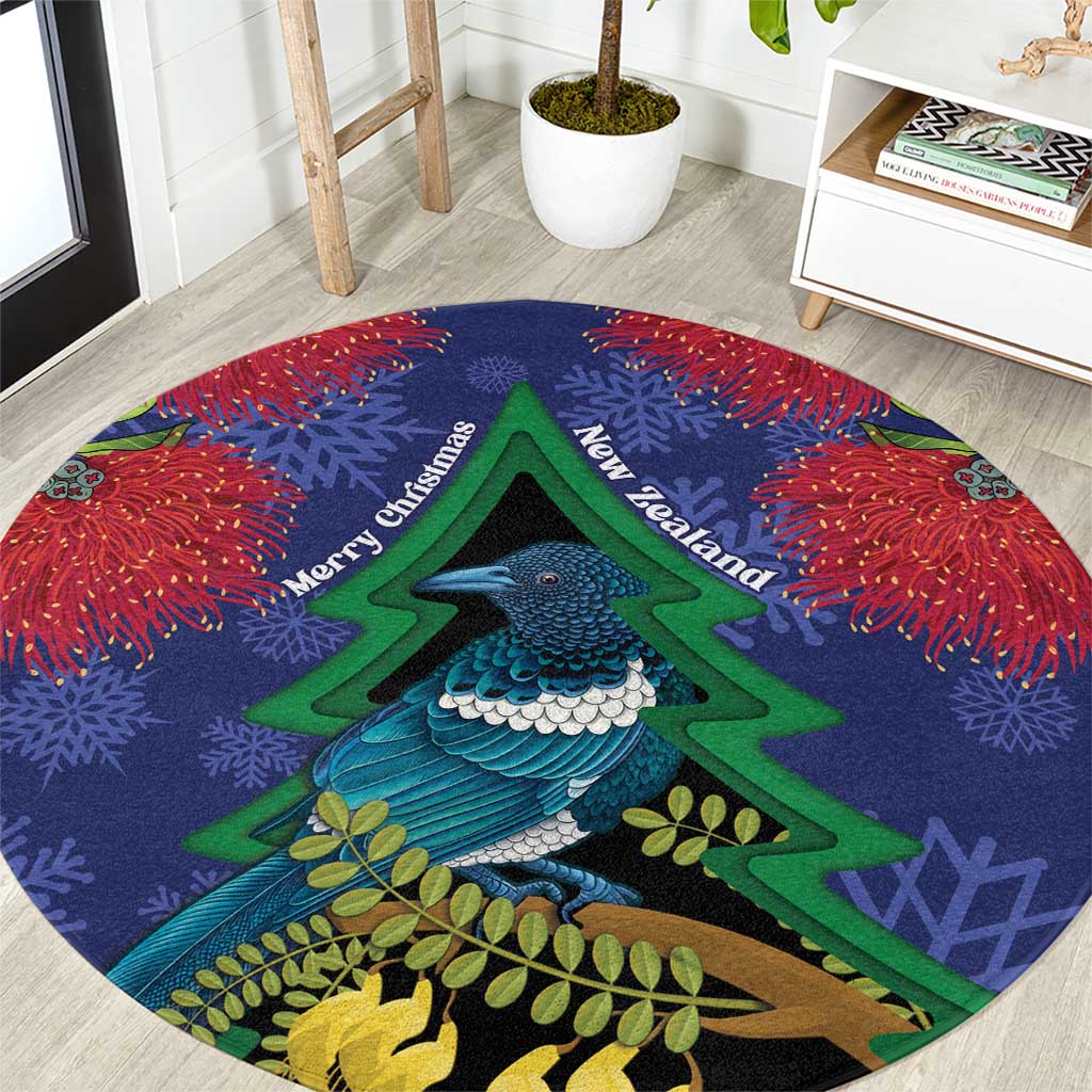 New Zealand Christmas In July Round Carpet Kowhai Tui Bird With Pohutukawa - Blue