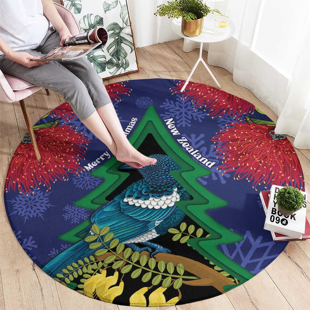 New Zealand Christmas In July Round Carpet Kowhai Tui Bird With Pohutukawa - Blue