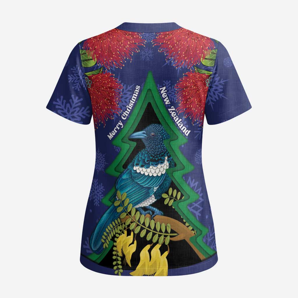 New Zealand Christmas In July Scrub Top Kowhai Tui Bird With Pohutukawa - Blue - Polynesian Pride