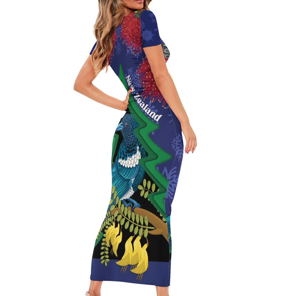 New Zealand Christmas In July Short Sleeve Bodycon Dress Kowhai Tui Bird With Pohutukawa - Blue