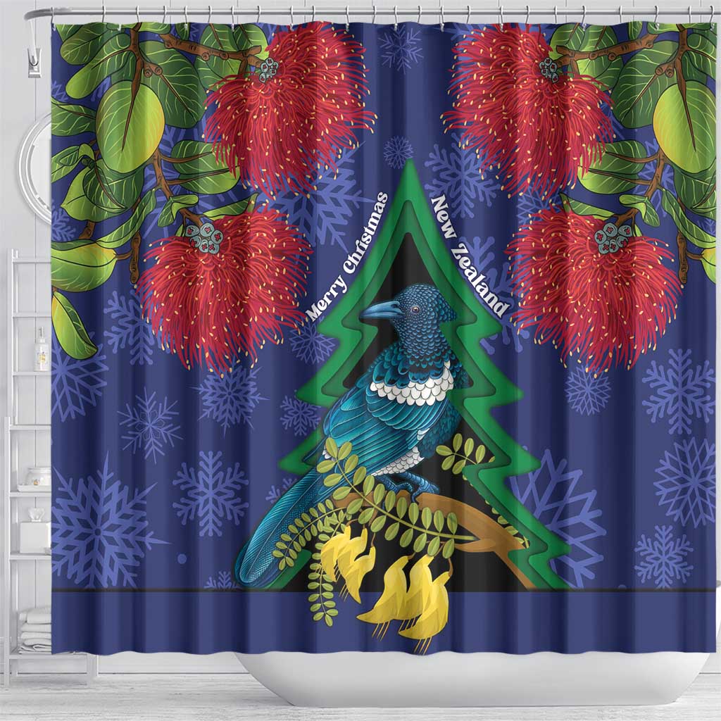 New Zealand Christmas In July Shower Curtain Kowhai Tui Bird With Pohutukawa - Blue