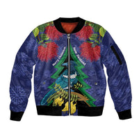 New Zealand Christmas In July Sleeve Zip Bomber Jacket Kowhai Tui Bird With Pohutukawa - Blue