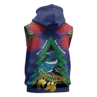 New Zealand Christmas In July Sleeveless Hoodie Kowhai Tui Bird With Pohutukawa - Blue - Polynesian Pride