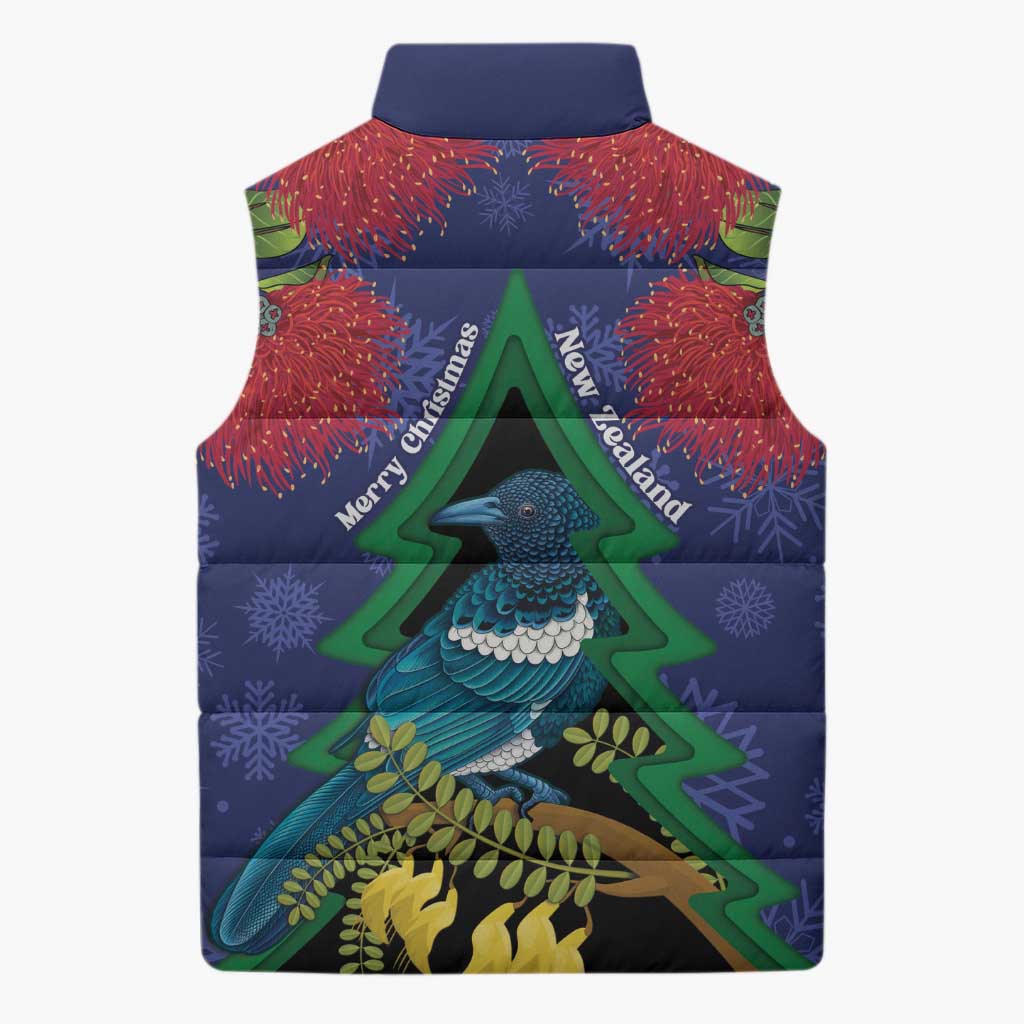 New Zealand Christmas In July Sleeveless Puffer Jacket Kowhai Tui Bird With Pohutukawa - Blue - Polynesian Pride