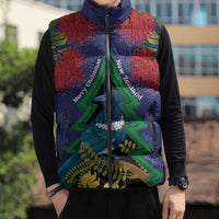 New Zealand Christmas In July Sleeveless Puffer Jacket Kowhai Tui Bird With Pohutukawa - Blue - Polynesian Pride