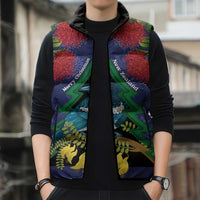 New Zealand Christmas In July Sleeveless Puffer Jacket Kowhai Tui Bird With Pohutukawa - Blue - Polynesian Pride
