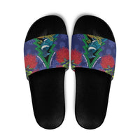 New Zealand Christmas In July Slide Sandals Kowhai Tui Bird With Pohutukawa - Blue - Polynesian Pride
