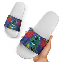 New Zealand Christmas In July Slide Sandals Kowhai Tui Bird With Pohutukawa - Blue - Polynesian Pride