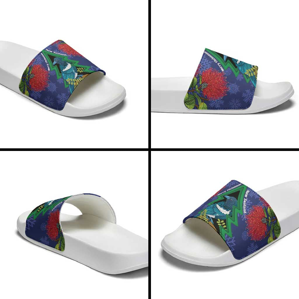 New Zealand Christmas In July Slide Sandals Kowhai Tui Bird With Pohutukawa - Blue - Polynesian Pride