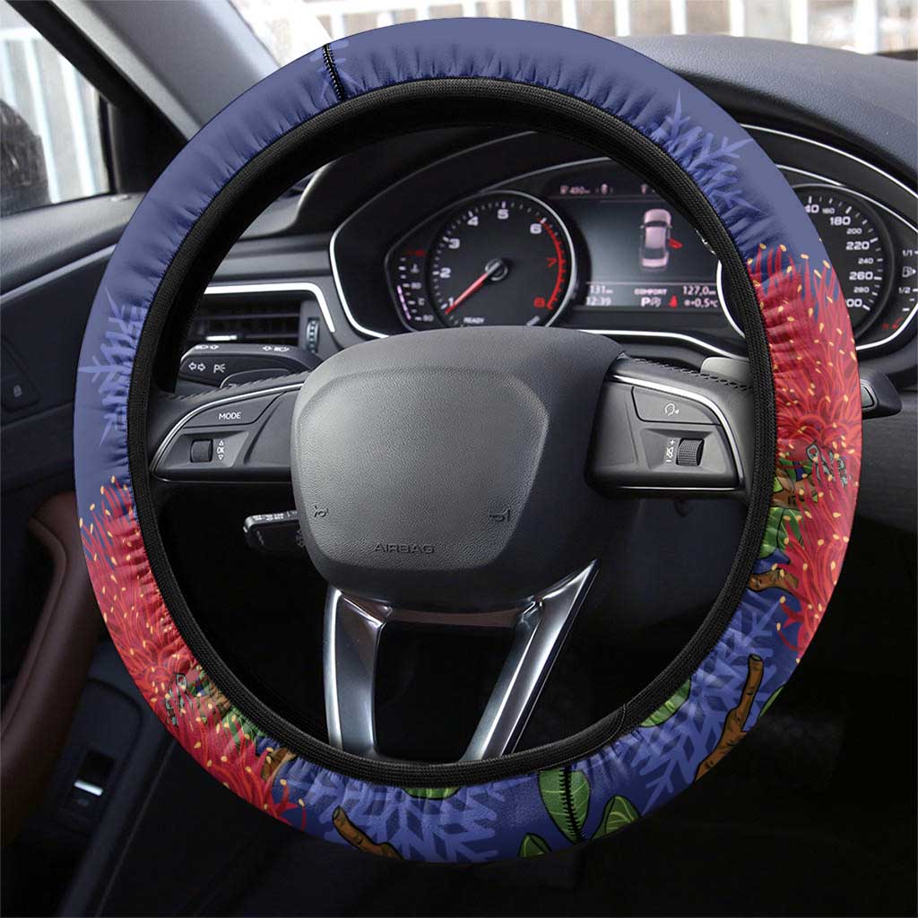 New Zealand Christmas In July Steering Wheel Cover Kowhai Tui Bird With Pohutukawa - Blue