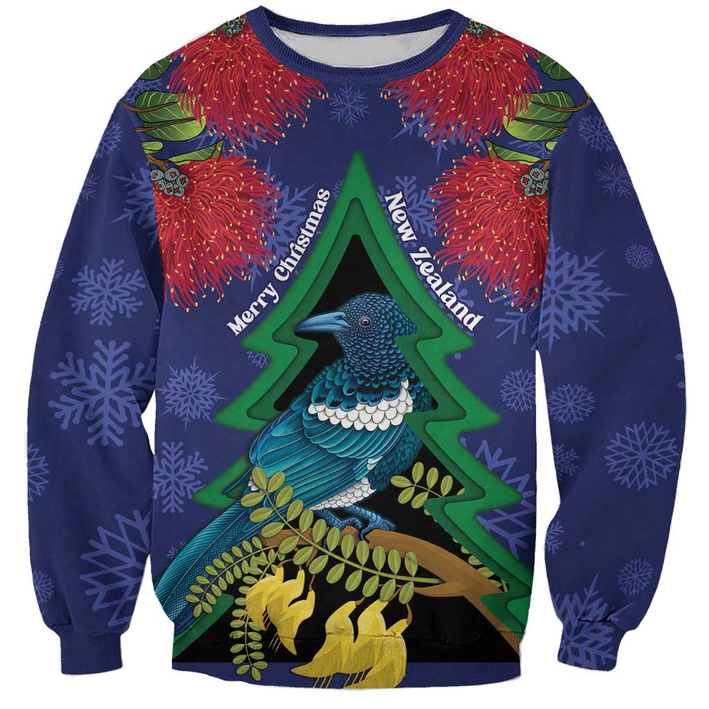 New Zealand Christmas In July Sweatshirt Kowhai Tui Bird With Pohutukawa - Blue
