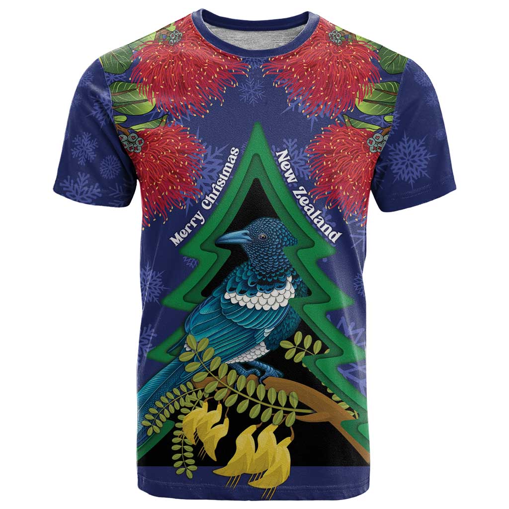 New Zealand Christmas In July T Shirt Kowhai Tui Bird With Pohutukawa - Blue