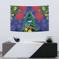 New Zealand Christmas In July Tapestry Kowhai Tui Bird With Pohutukawa - Blue