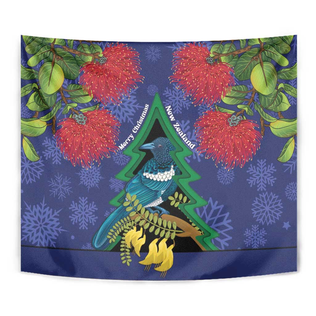 New Zealand Christmas In July Tapestry Kowhai Tui Bird With Pohutukawa - Blue