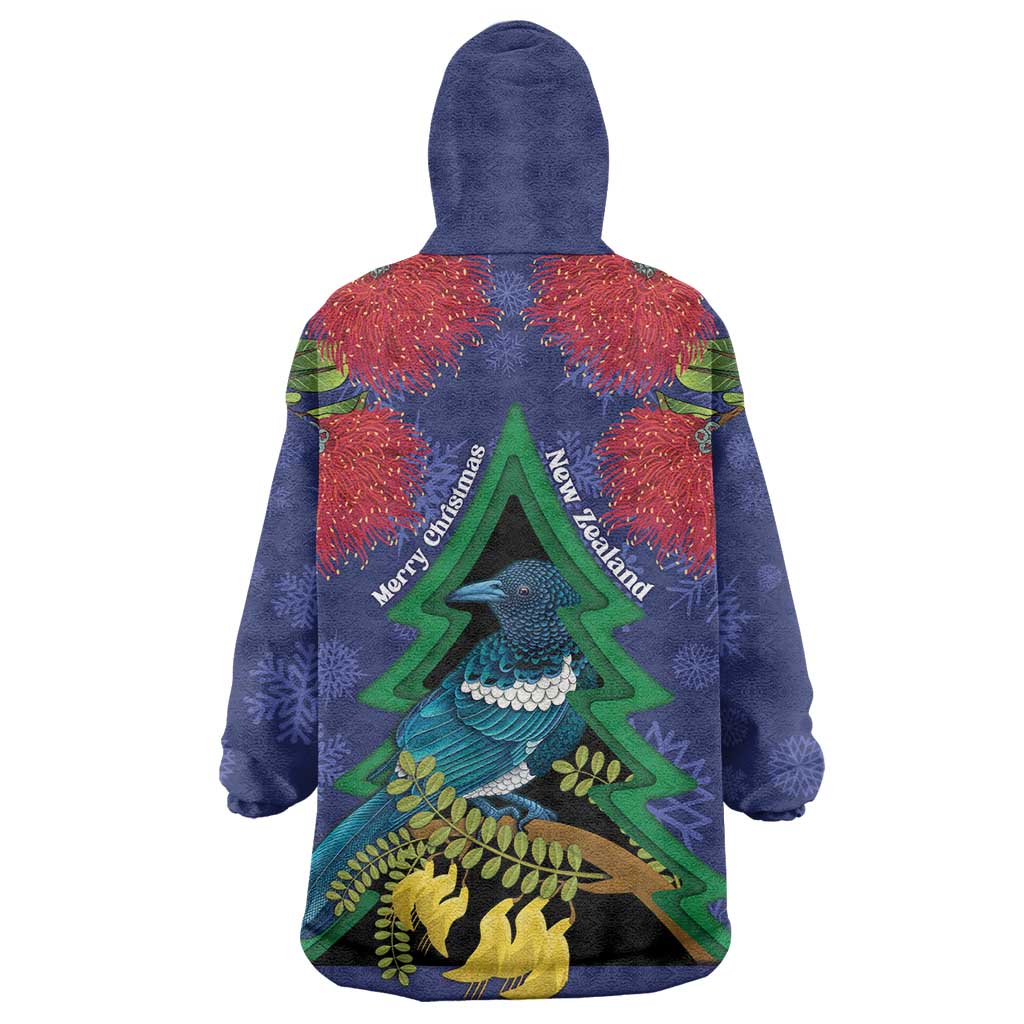 New Zealand Christmas In July Wearable Blanket Hoodie Kowhai Tui Bird With Pohutukawa - Blue