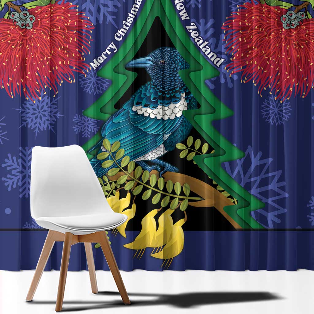 New Zealand Christmas In July Window Curtain Kowhai Tui Bird With Pohutukawa - Blue LT14 - Polynesian Pride