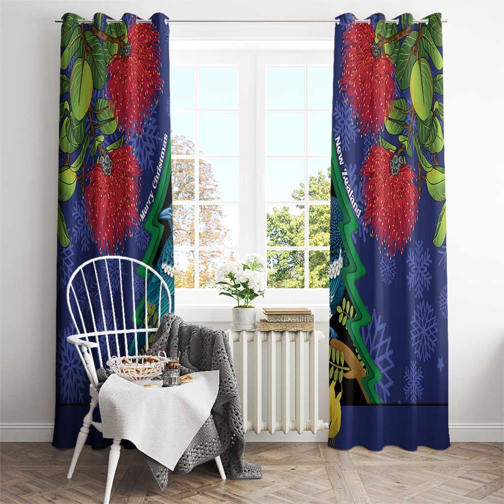 New Zealand Christmas In July Window Curtain Kowhai Tui Bird With Pohutukawa - Blue LT14 - Polynesian Pride