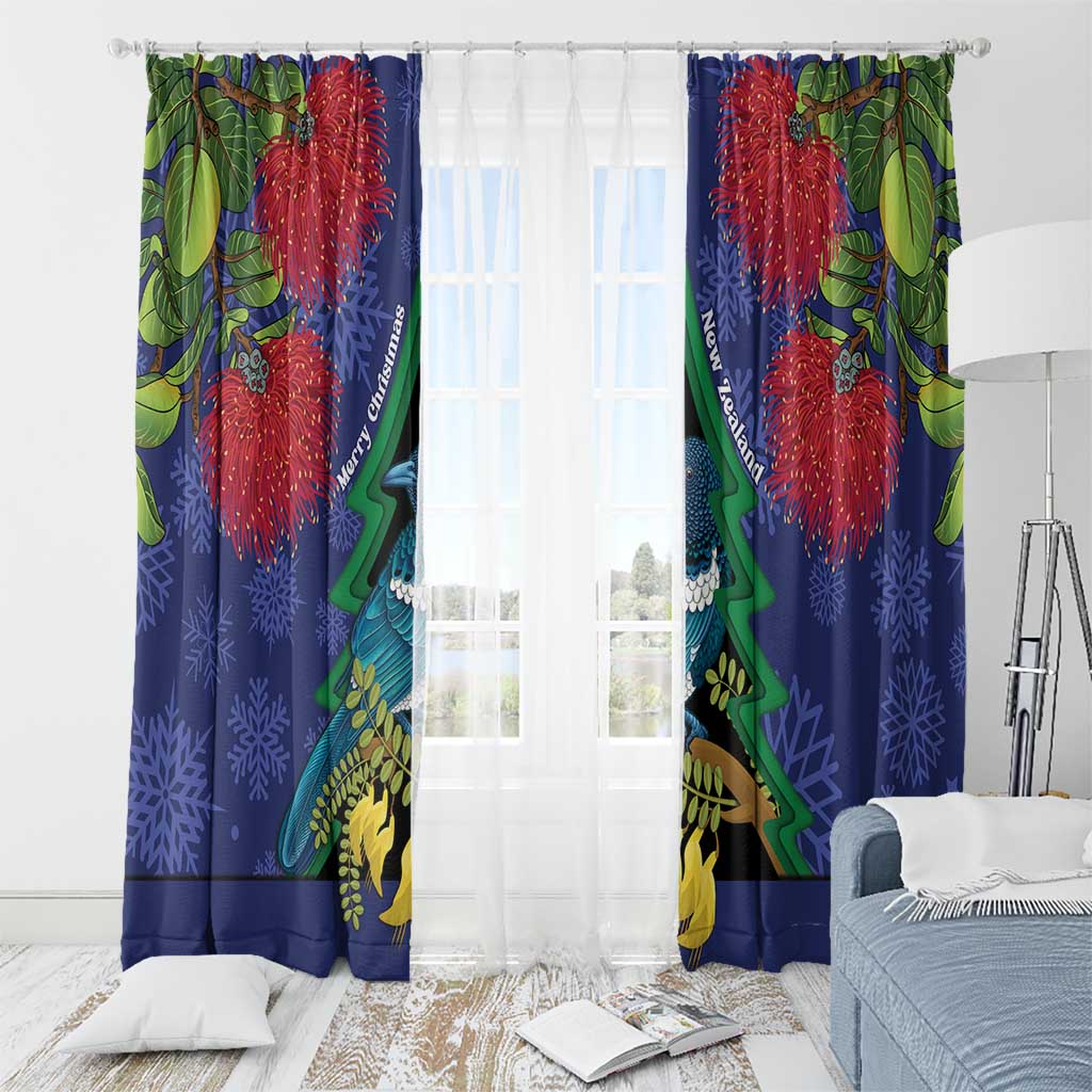 New Zealand Christmas In July Window Curtain Kowhai Tui Bird With Pohutukawa - Blue LT14 - Polynesian Pride