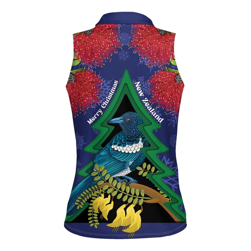New Zealand Christmas In July Women Sleeveless Polo Shirt Kowhai Tui Bird With Pohutukawa - Blue