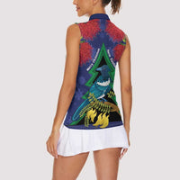 New Zealand Christmas In July Women Sleeveless Polo Shirt Kowhai Tui Bird With Pohutukawa - Blue