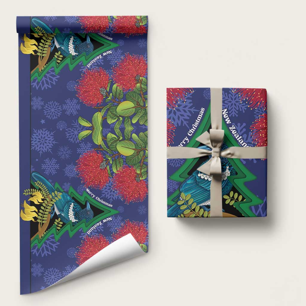 New Zealand Christmas In July Wrapping Paper Kowhai Tui Bird With Pohutukawa - Blue - Polynesian Pride