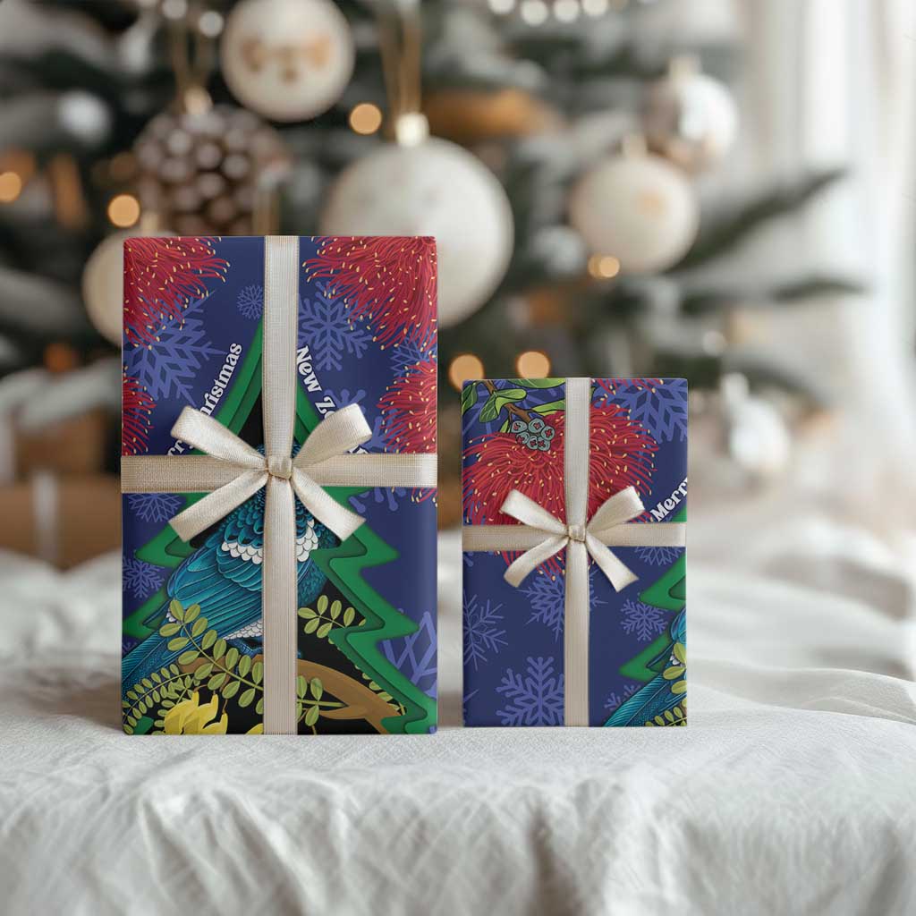 New Zealand Christmas In July Wrapping Paper Kowhai Tui Bird With Pohutukawa - Blue - Polynesian Pride
