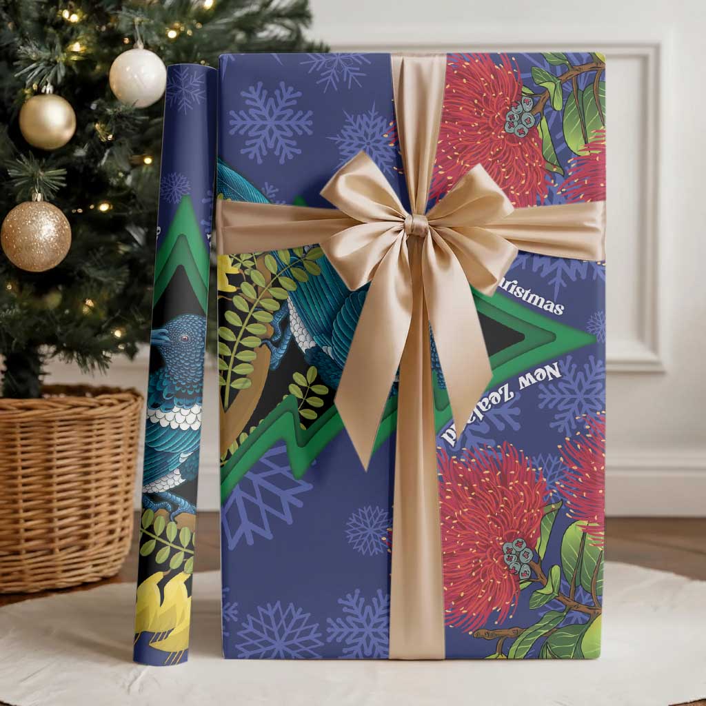 New Zealand Christmas In July Wrapping Paper Kowhai Tui Bird With Pohutukawa - Blue - Polynesian Pride