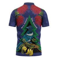 New Zealand Christmas In July Zipper Polo Shirt Kowhai Tui Bird With Pohutukawa - Blue - Polynesian Pride