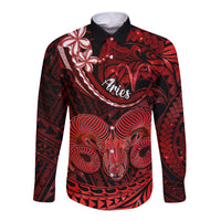 Polynesian Pride Aries Zodiac Long Sleeve Button Shirt Astrological Sign Tribal Plumeria Red Galaxy LT14 Unisex Red - Polynesian Pride