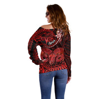 Polynesian Pride Aries Zodiac Off Shoulder Sweater Astrological Sign Tribal Plumeria Red Galaxy LT14 - Polynesian Pride