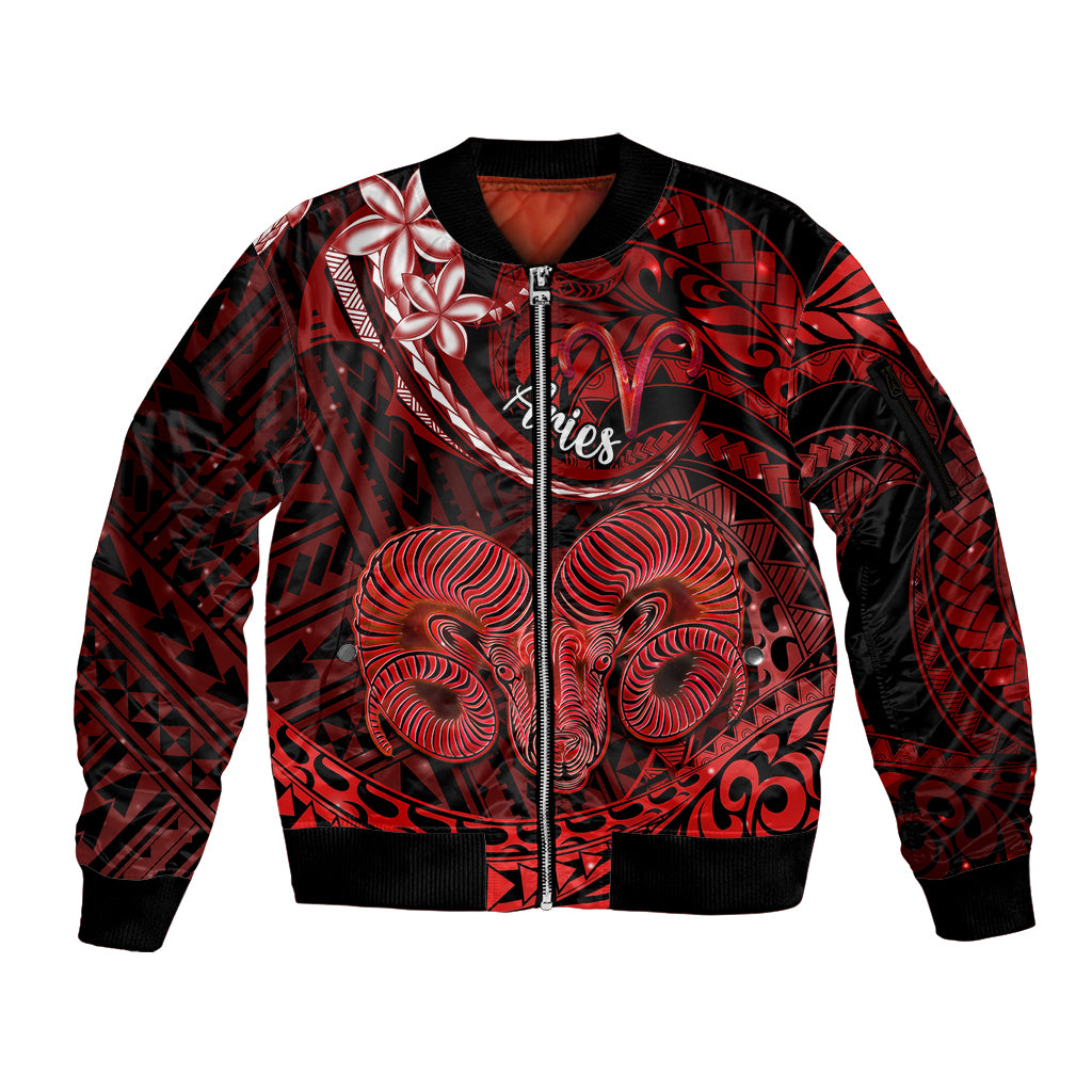 Polynesian Pride Aries Zodiac Sleeve Zip Bomber Jacket Astrological Sign Tribal Plumeria Red Galaxy LT14 Unisex Red - Polynesian Pride