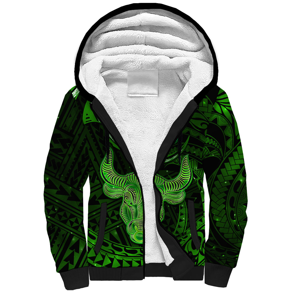 Polynesian Pride Taurus Zodiac Sherpa Hoodie Astrological Sign Tribal Plumeria Green Galaxy LT14 Unisex Green - Polynesian Pride