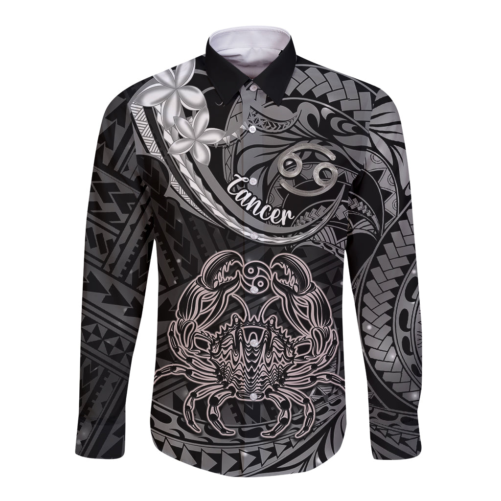 Polynesian Pride Cancer Zodiac Long Sleeve Button Shirt Astrological Sign Tribal Plumeria Grey Galaxy LT14 Unisex Grey - Polynesian Pride