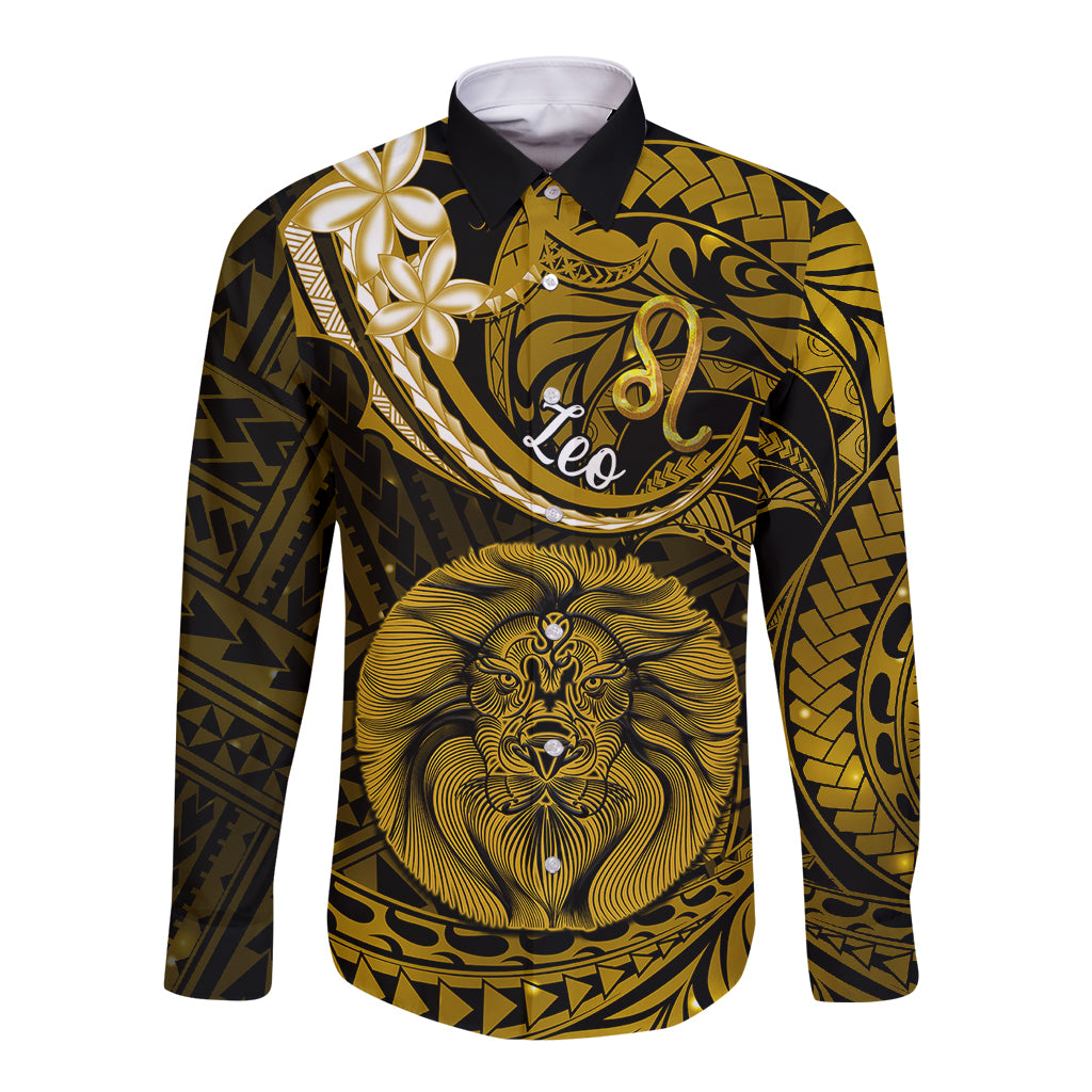 Polynesian Pride Leo Zodiac Long Sleeve Button Shirt Astrological Sign Tribal Plumeria Gold Galaxy LT14 Unisex Gold - Polynesian Pride