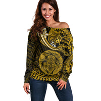 Polynesian Pride Leo Zodiac Off Shoulder Sweater Astrological Sign Tribal Plumeria Gold Galaxy LT14 Women Gold - Polynesian Pride